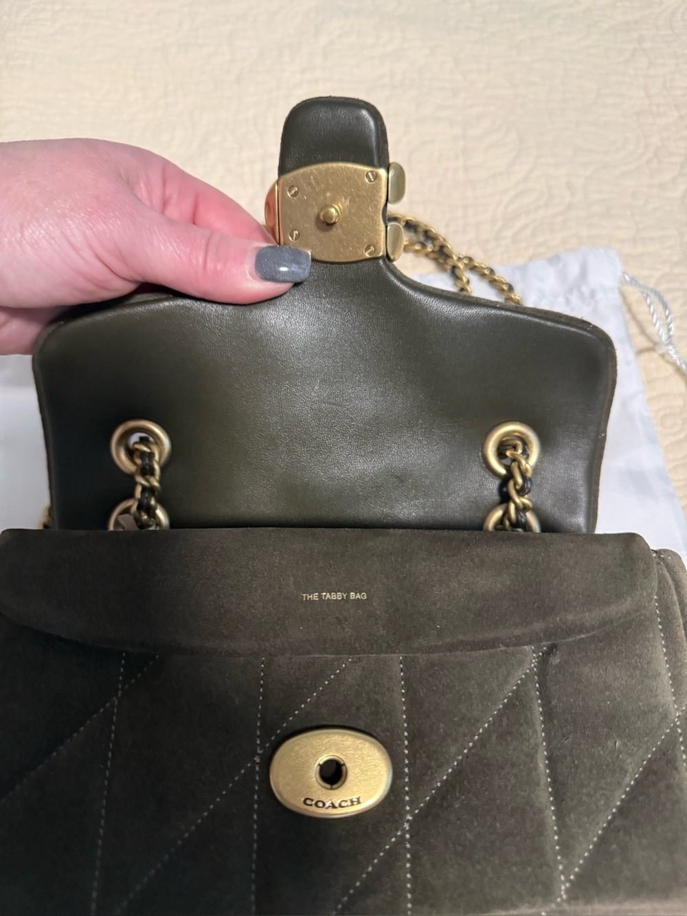 Coach Tabby 2026 Quilted Shoulder Bag in Olive Green Swede with Gold Hardware! 😍 - Picture 8 of 14